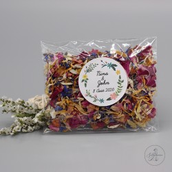 Sachet de confettis de fleurs, étiquette blanche