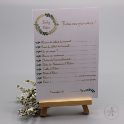 Fiche de prédiction Baby Shower, papier blanc, taille 9,5 x 14,5